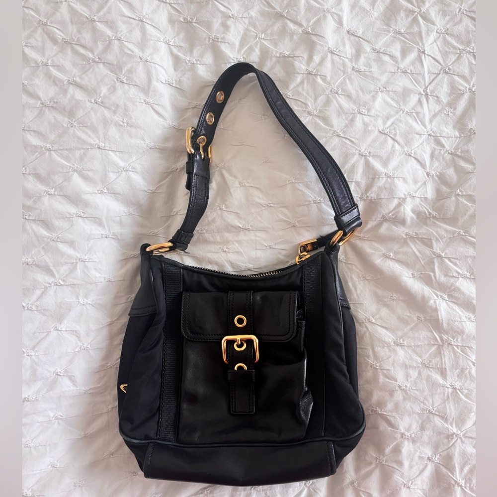 Black Prada Leather Shoulder Bag with Gold Accents